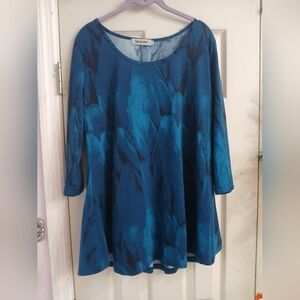 Tencole Blue Feather Pattern Stretch Round Neck 3/4 Sleeve Blouse Women Large